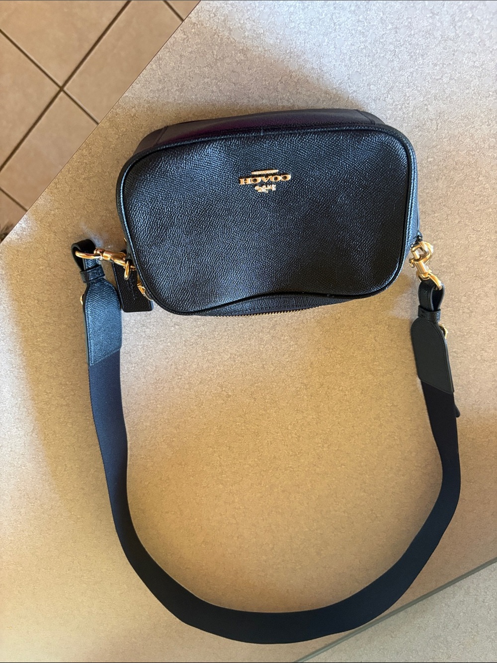 Coach Black Pebbled Leather Crossbody Camera Bag with Gold Hardware